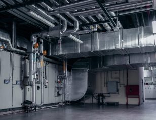 Modern industrial interior of the ventilation plant room, that can be used for environmental 3d modelling.